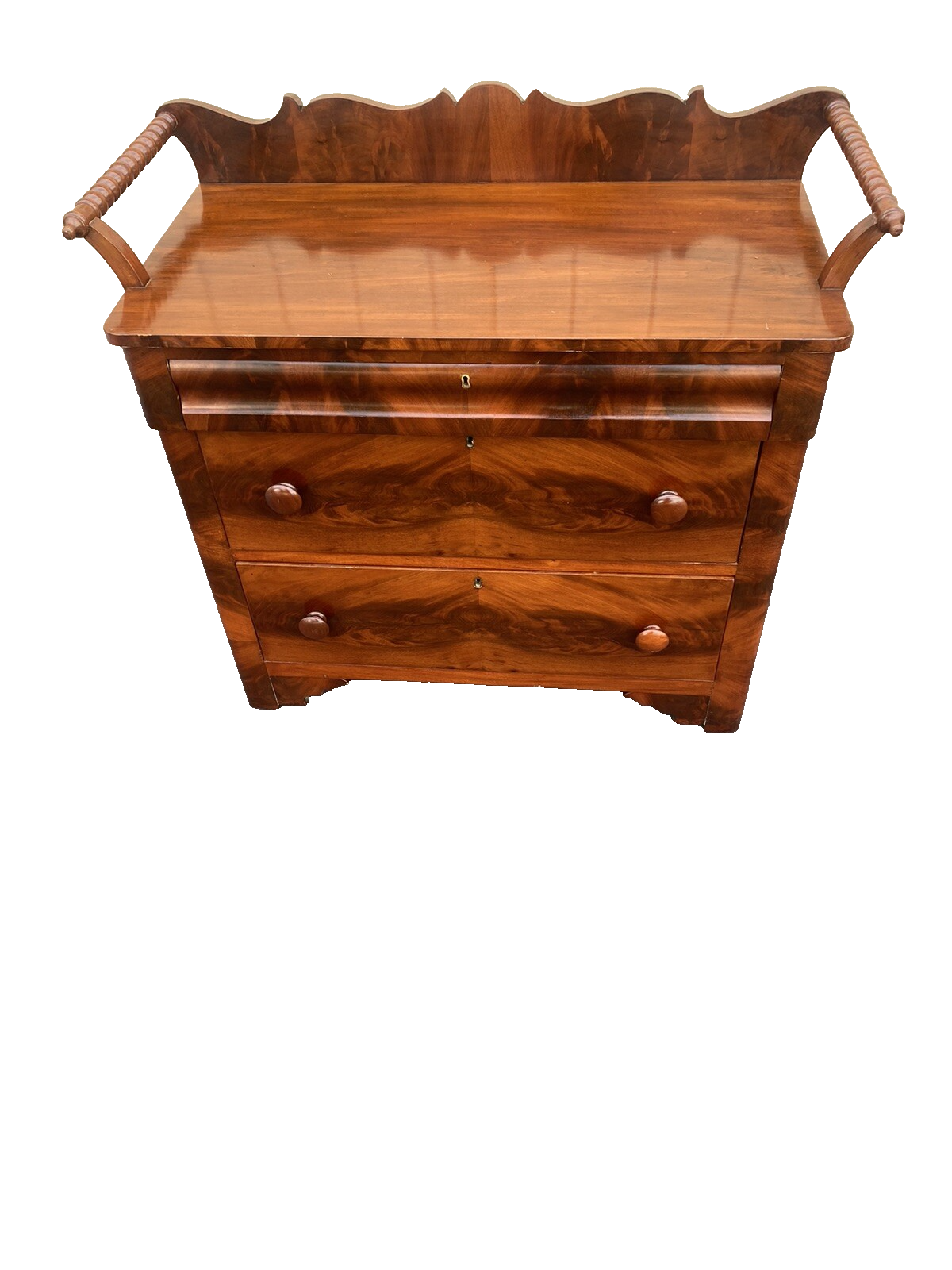 65494 Burled  Mahogany Washstand Dresser Chest With Towel Bars