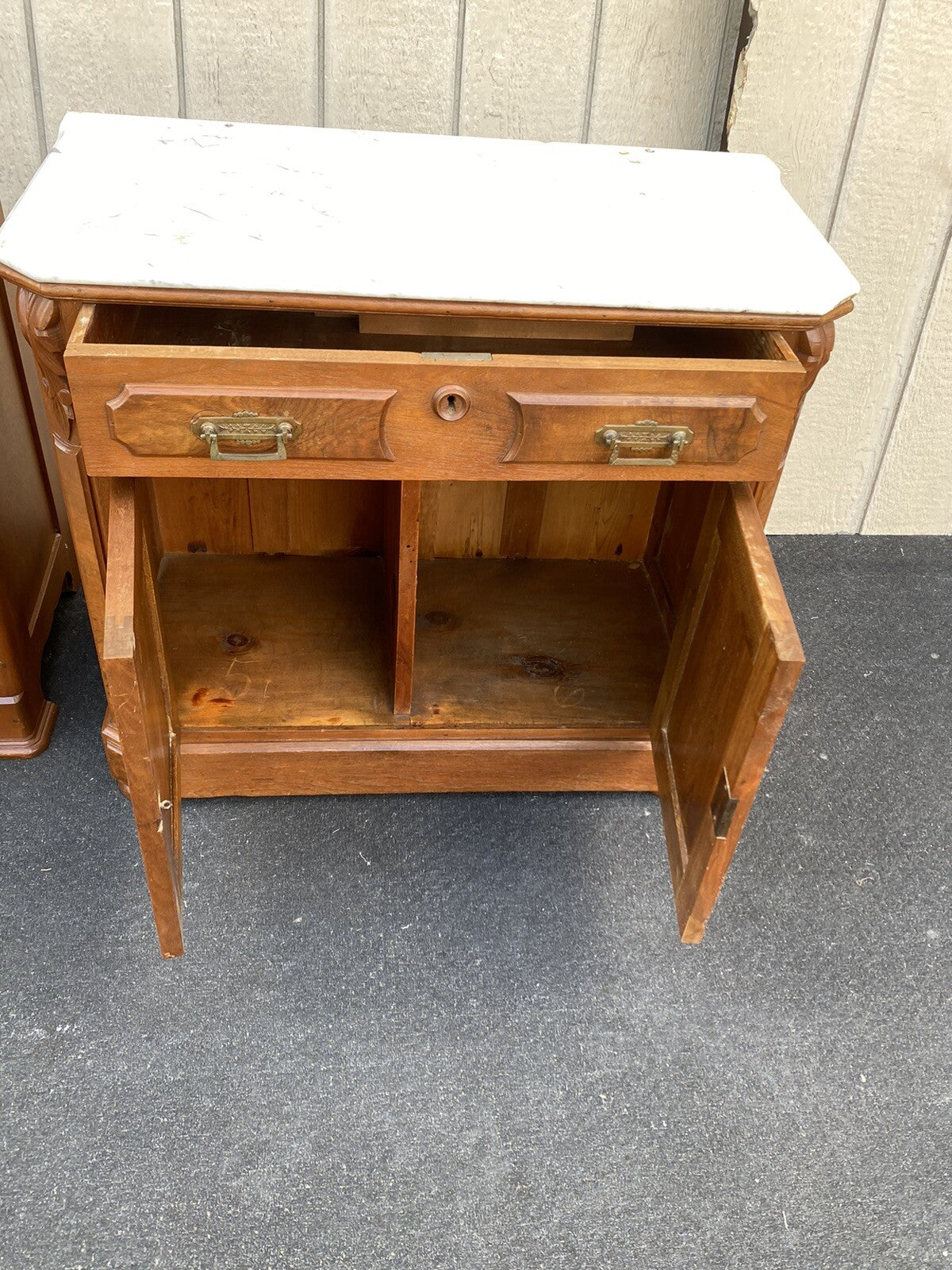65513   Antique Walnut Marble Top Washstand Chest Stand 4 hole