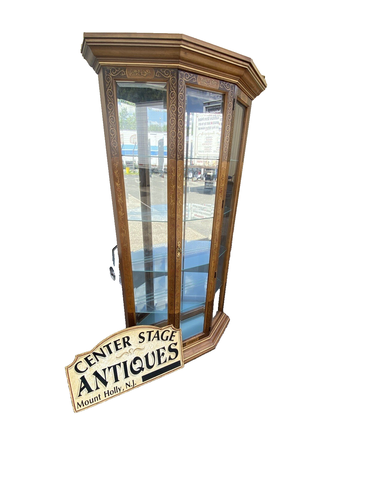 64593 Pulaski Stenciled Lighted Curio Cabinet With Plate Glass Shelves + Light