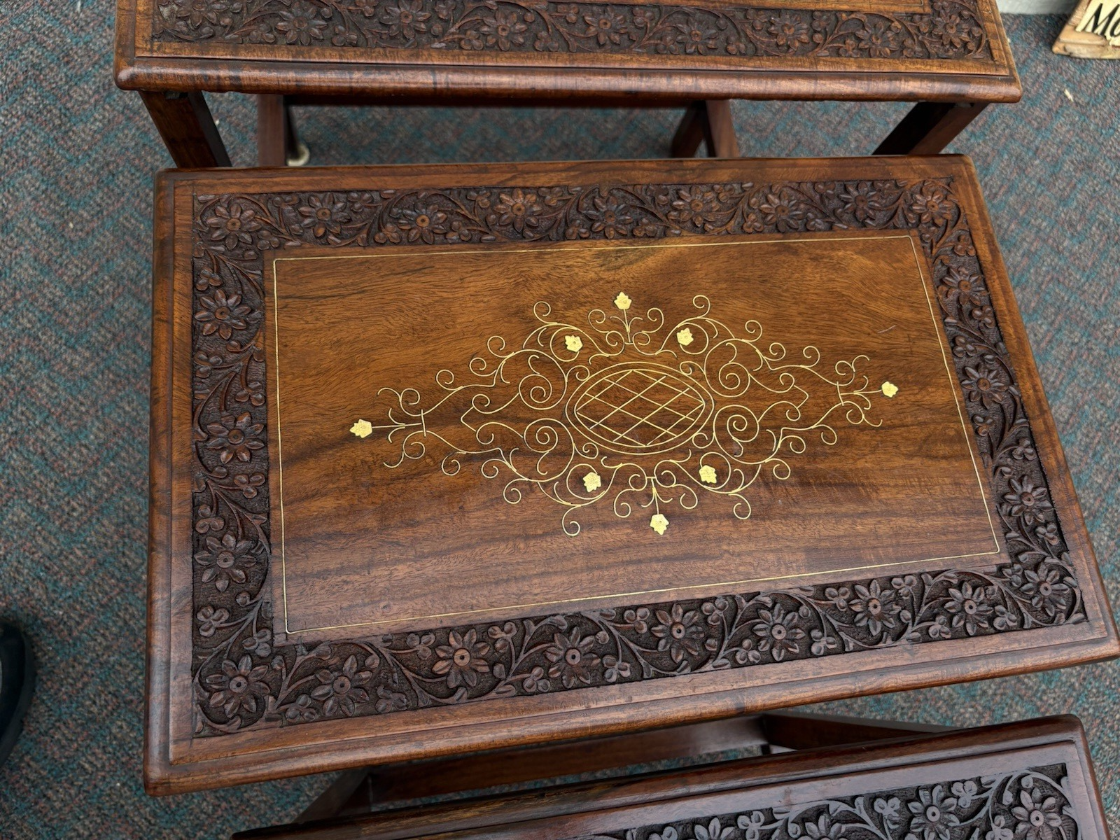 67039 Solid Mahogany Brass Inlaid Set of 4 Oriental Stacking Lamp  Table s