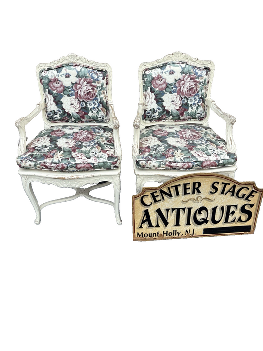 60612 PAIR of Romantic Shabby BERGERE Floral Armchairs with Factory White Finish
