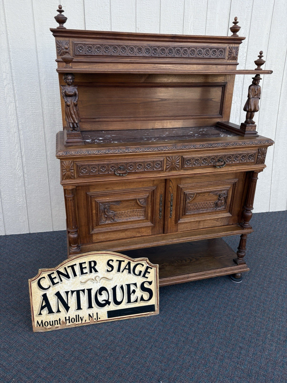 67011 Antique French Marble Top Buffet Sideboard Cabinet