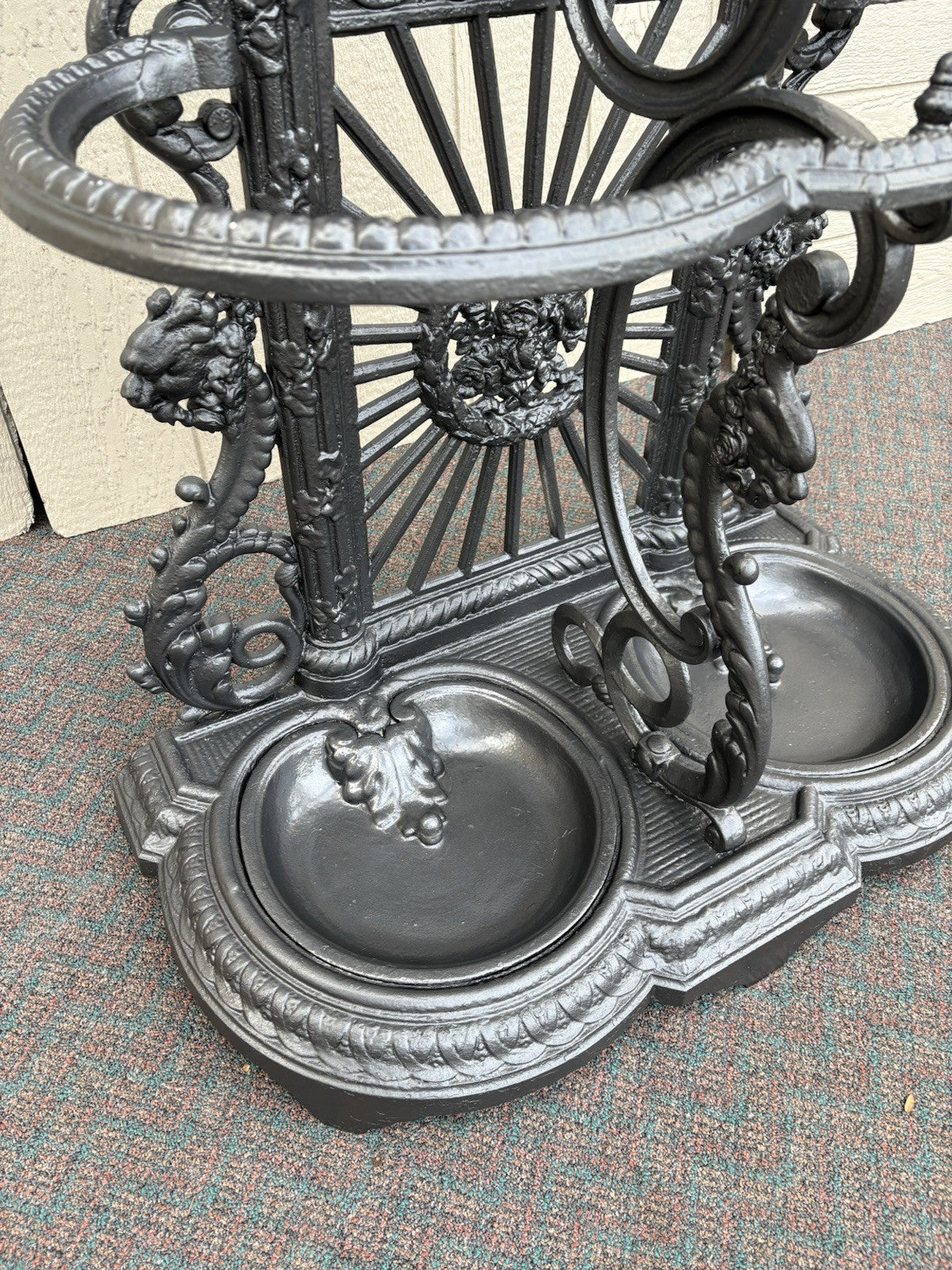 67160 Antique Victorian Cast Iron Hat Rack Halltree with Mirror Cherub and lion