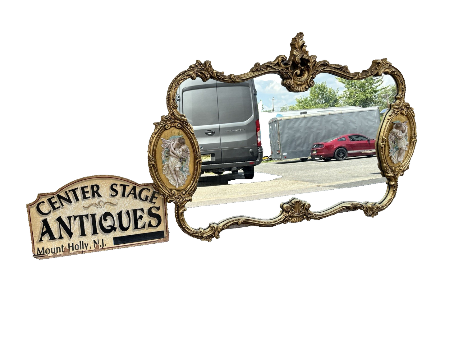 66917   Decorator Gold Mirror with Figural Plaques