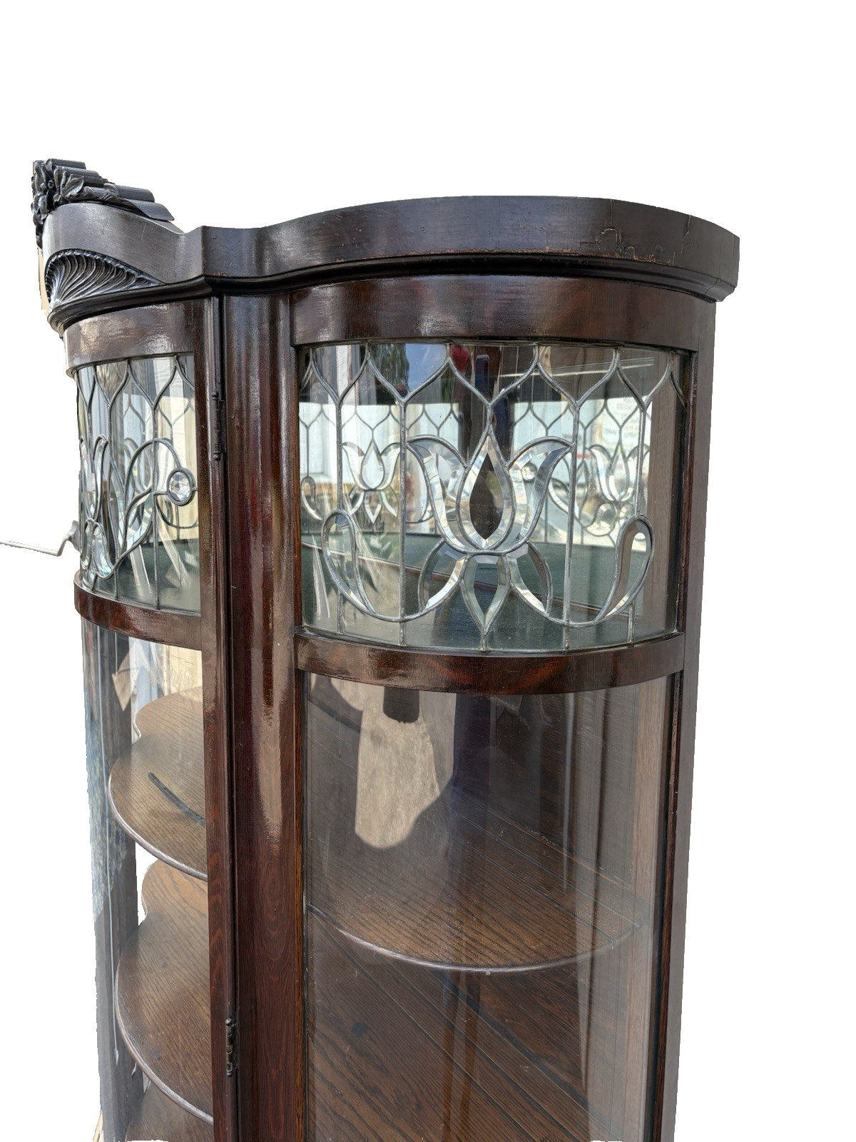 66903   Antique Victorian Oak Leaded Glass Bow Glass Curio China Cabinet