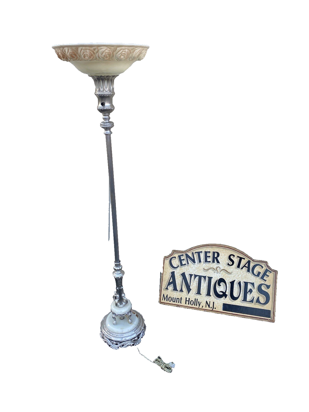 65030 Antique Torch Lamp with glass shade and onyx base