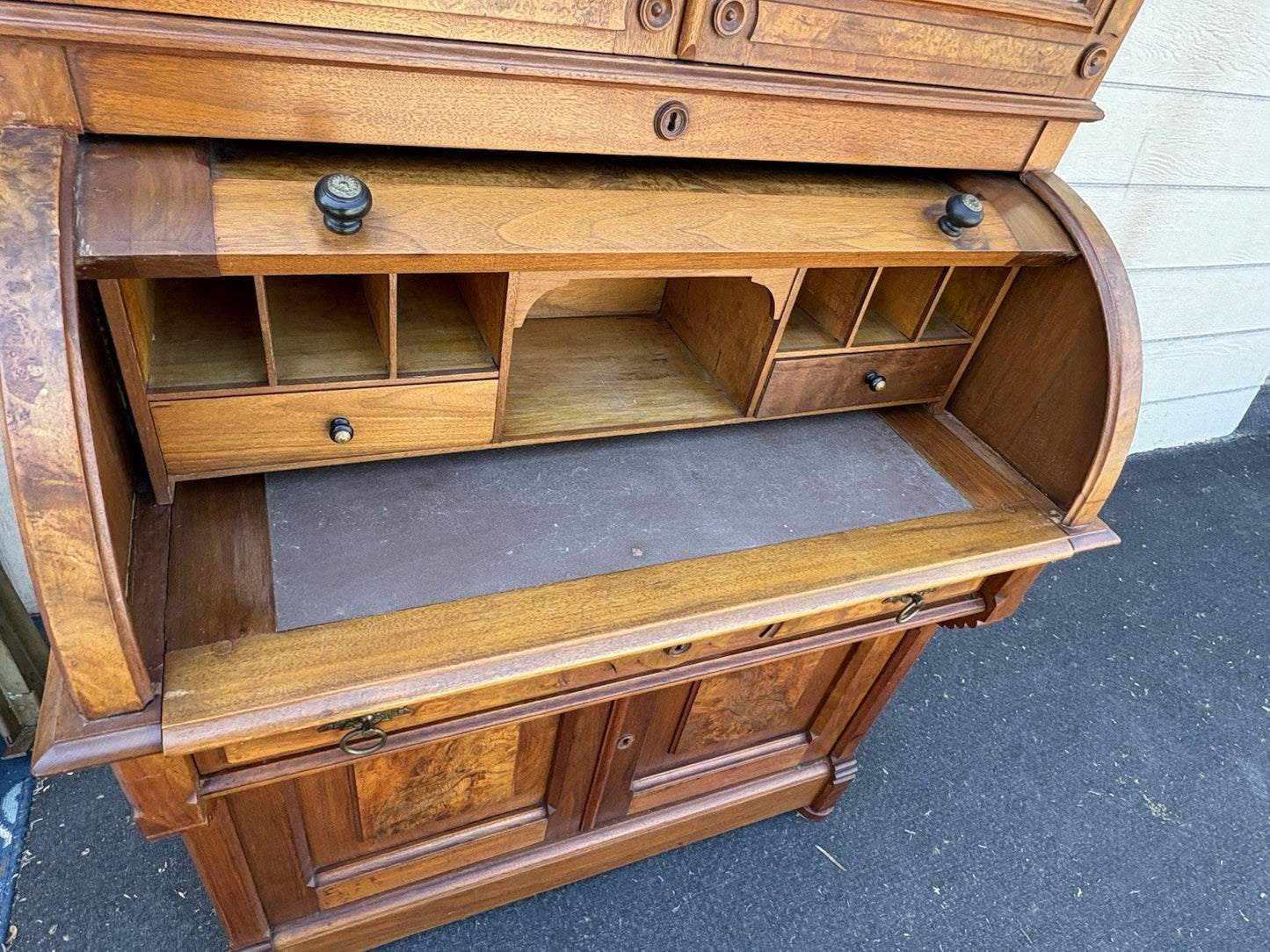 66644 Antique Victorian Walnut Cylinder Desk with Bookcase Top