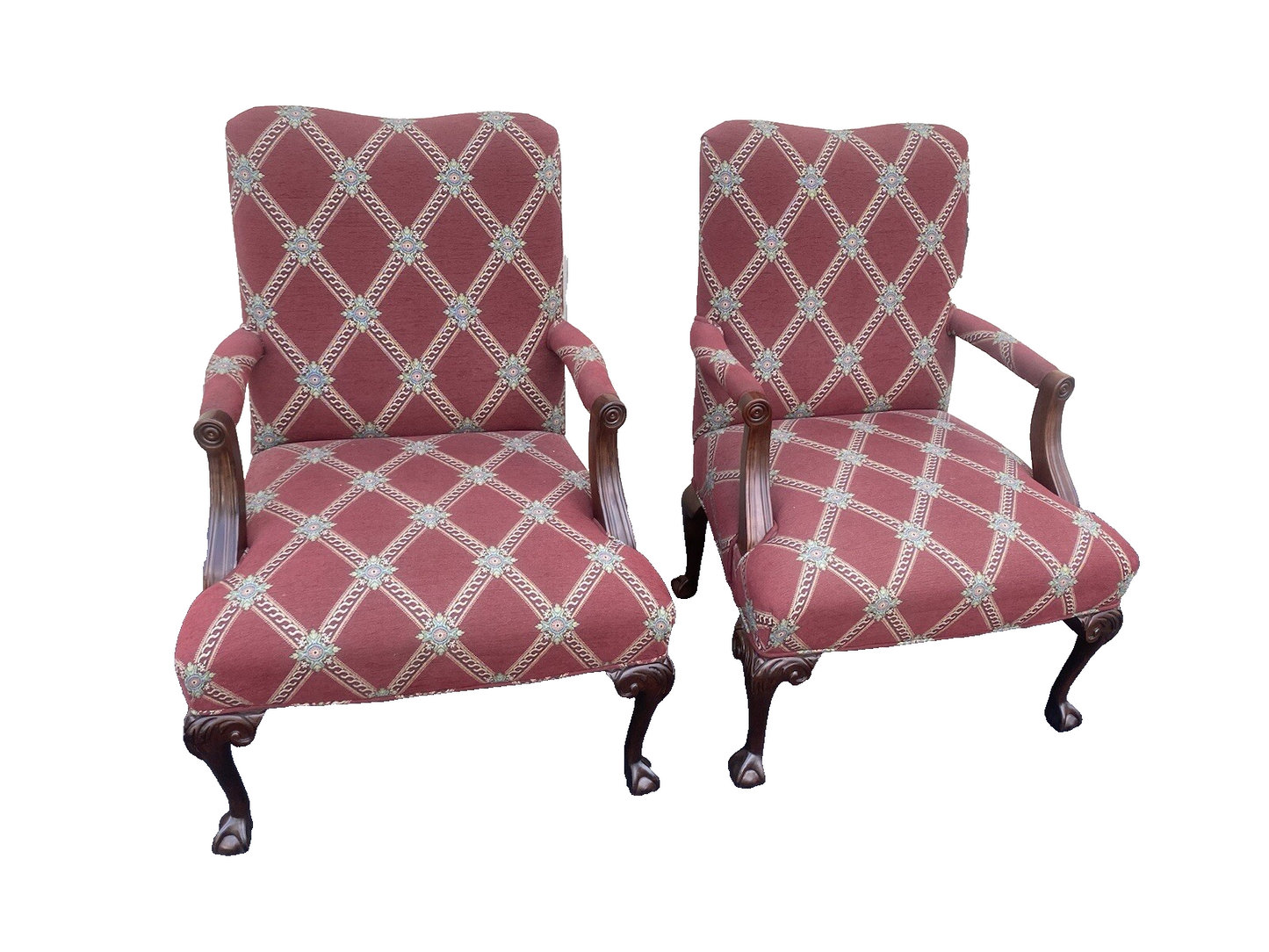 64633 Pair PARKER SOUTHERN  Ball and Claw Foot Burgundy Armchairs