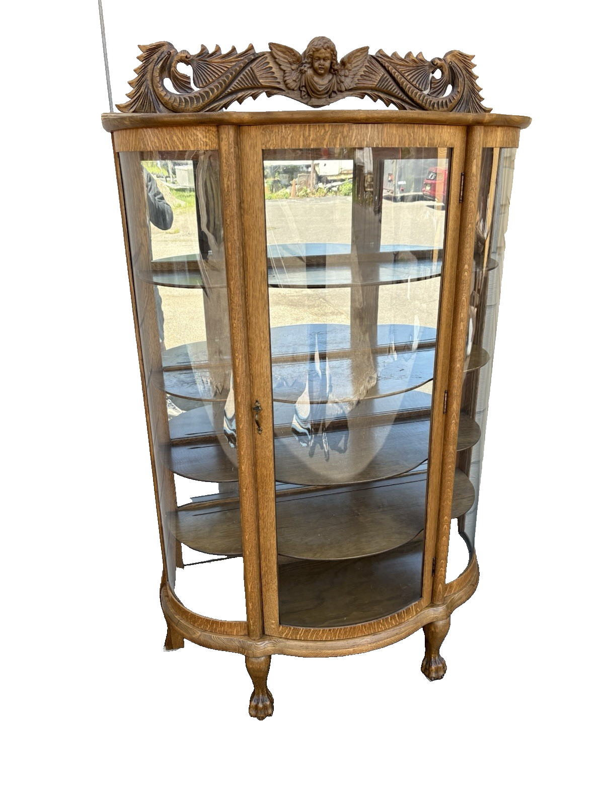 66656   Antique Victorian  Bow Glass Curio Cabinet with Angel Cherub Backsplash