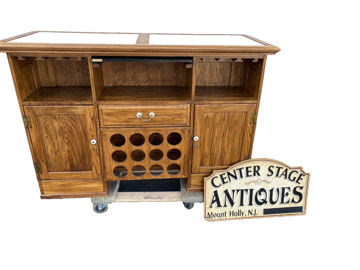 66334  Oak Tile Top Bar Liquor Cabinet with 2 Barstools Swivel  Stool Chair s