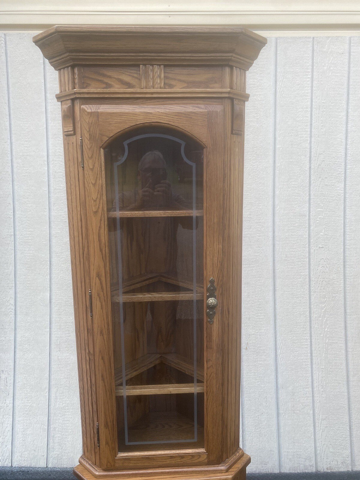 64573 PAIR   Oak Corner Cabinet Curio s With 3 wood and glass shelves each