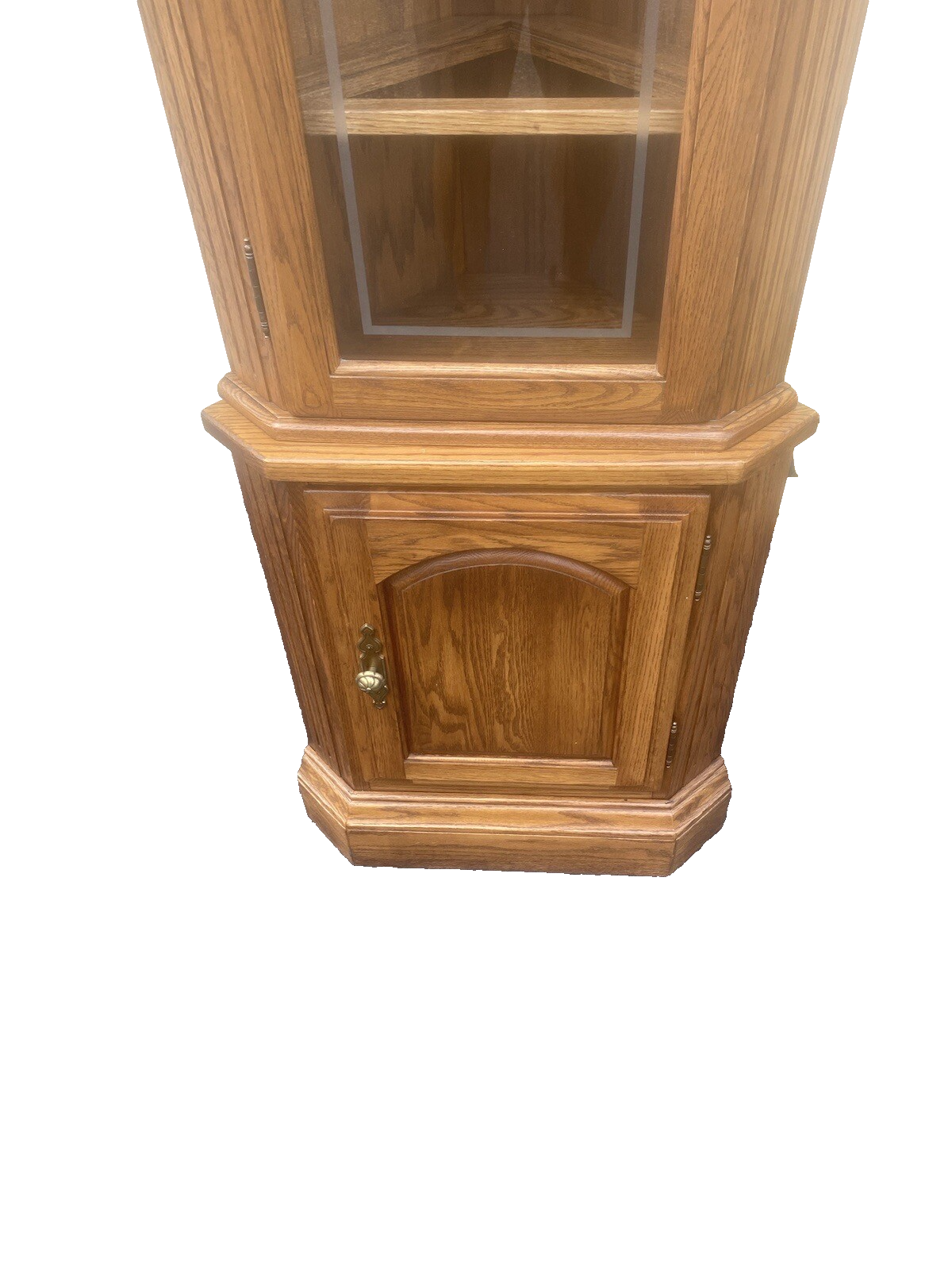 64573  PAIR Oak Corner Cabinet Curio s  With 3 wood and glass shelves each
