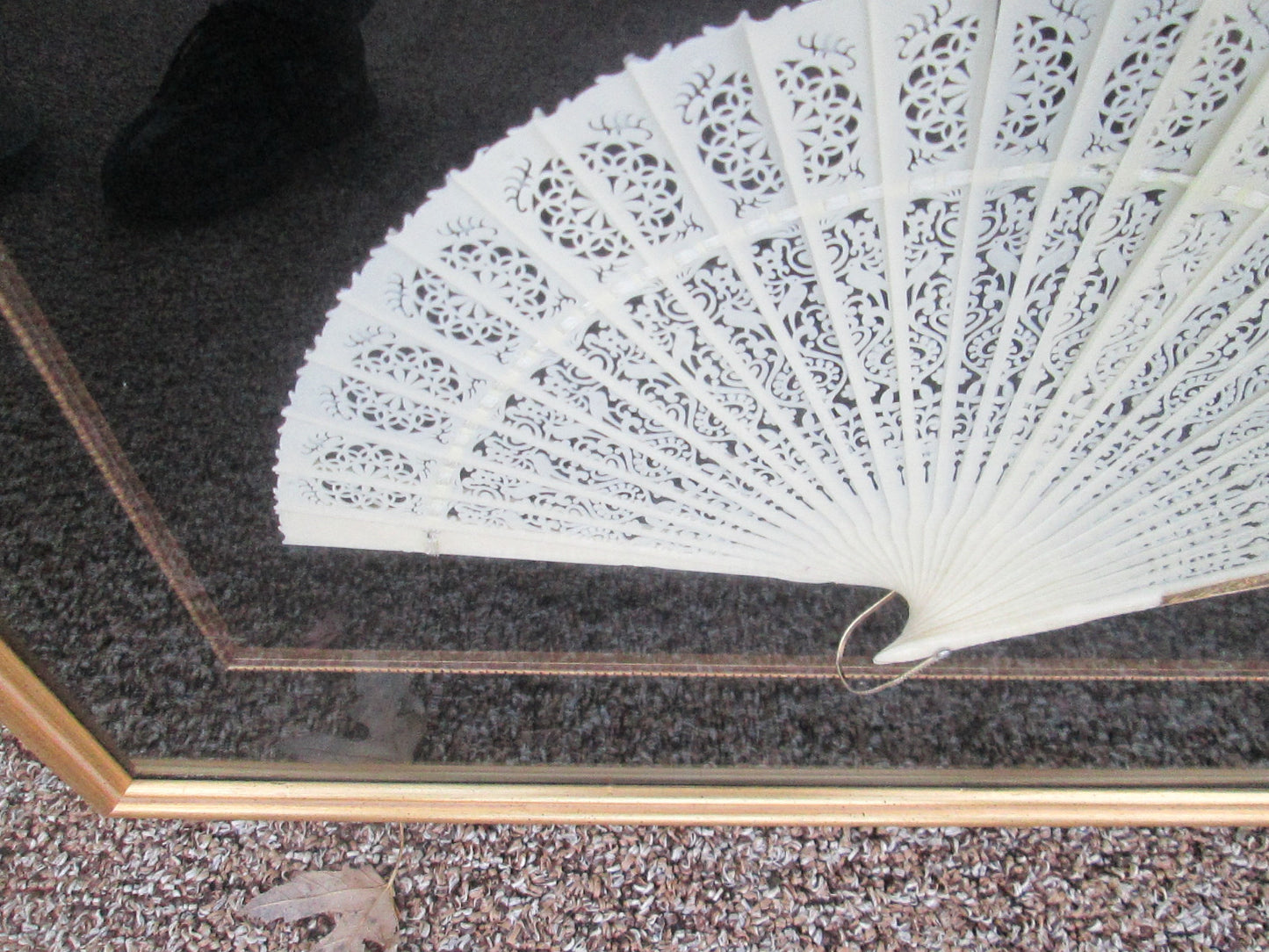 COL CW:    Decorative Celluloid Pierced Carved Fan in Frame