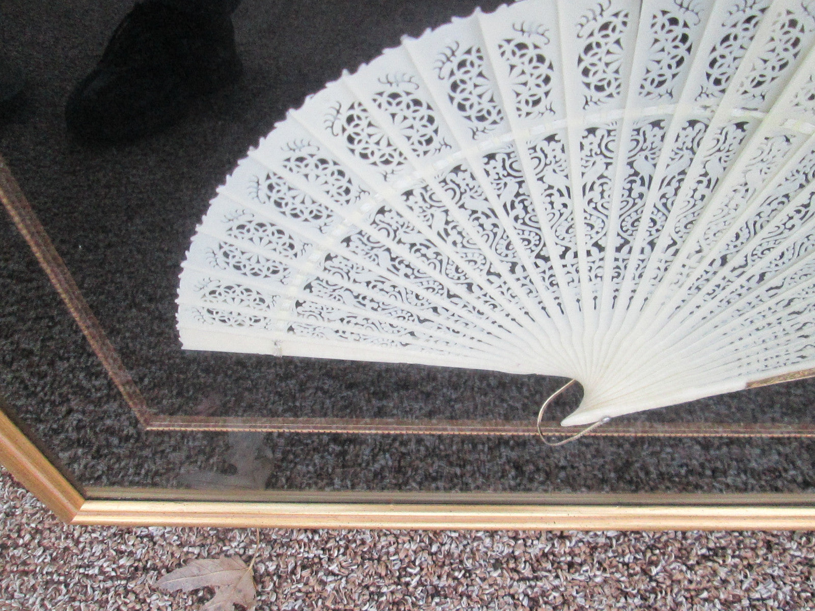 COL CW:    Decorative Celluloid Pierced Carved Fan in Frame