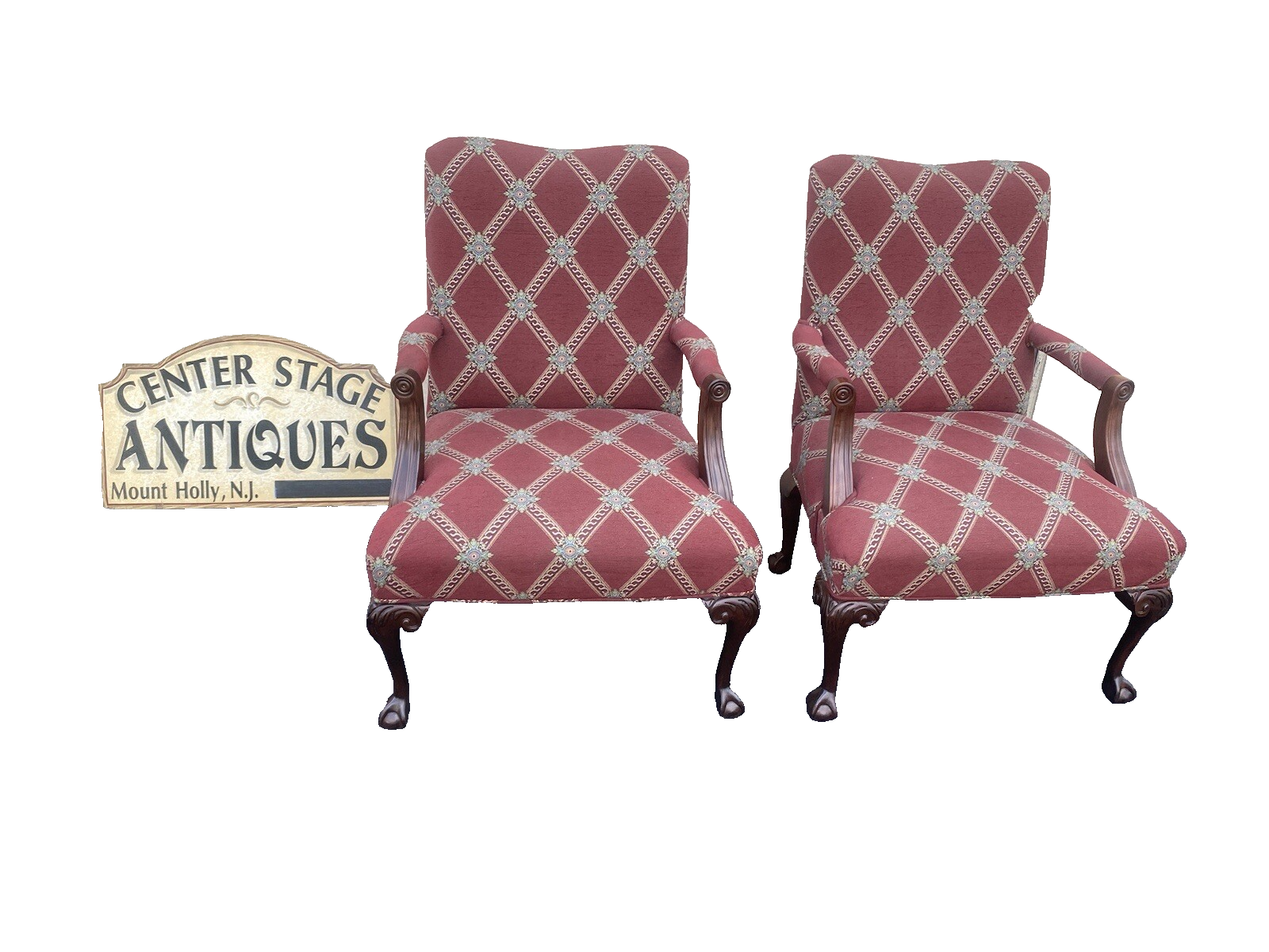 64633 Pair PARKER SOUTHERN  Ball and Claw Foot Burgundy Armchairs