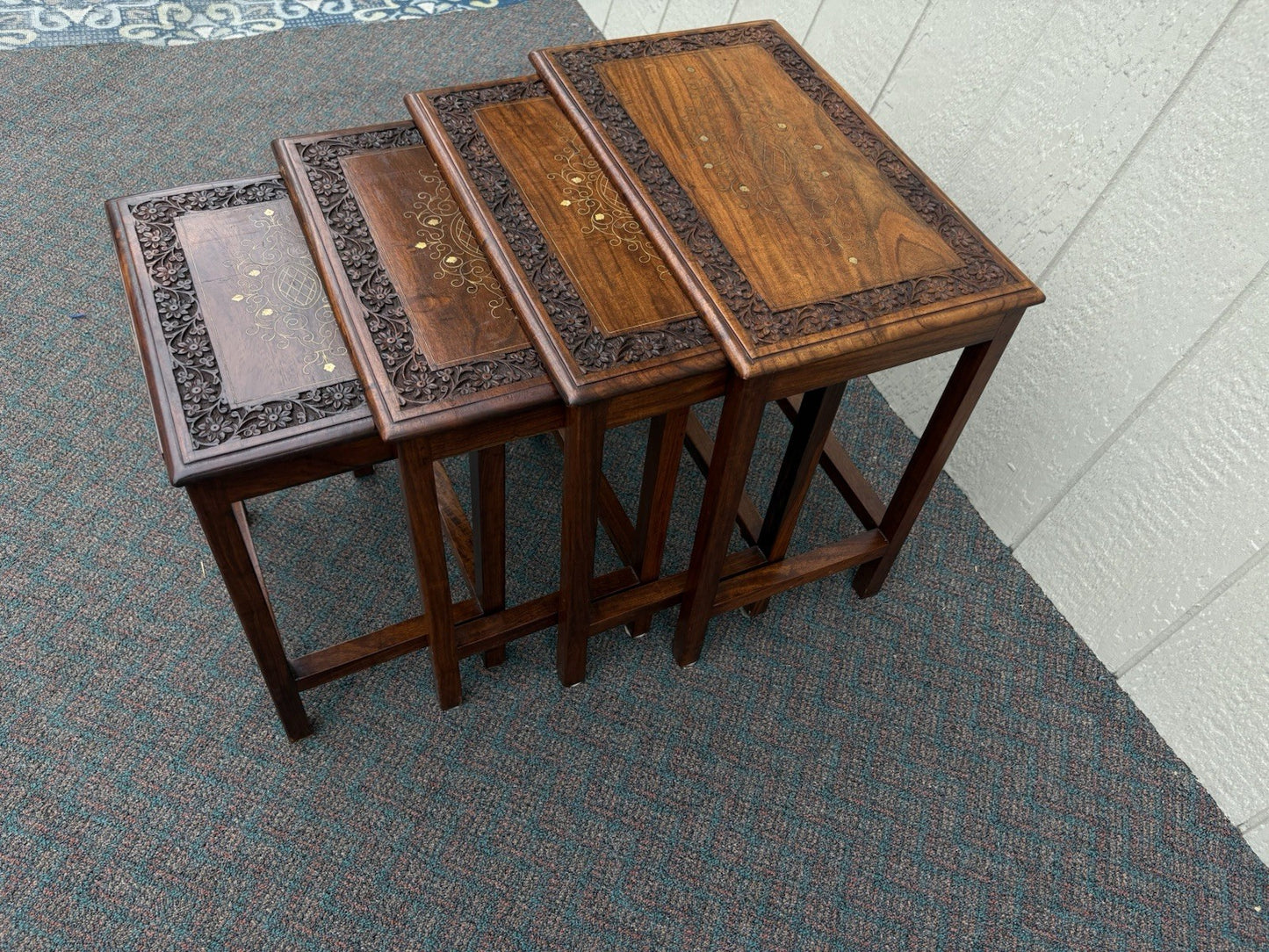 67039 Solid Mahogany Brass Inlaid Set of 4 Oriental Stacking Lamp  Table s