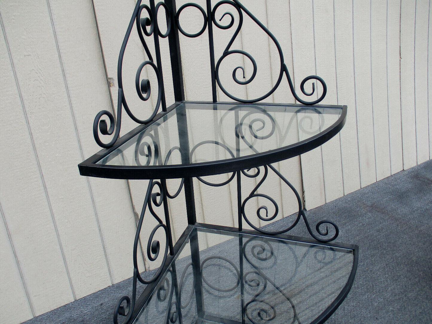 62802    QUALITY Iron Bakers Rack Corner Cabinet with Glass Shelves