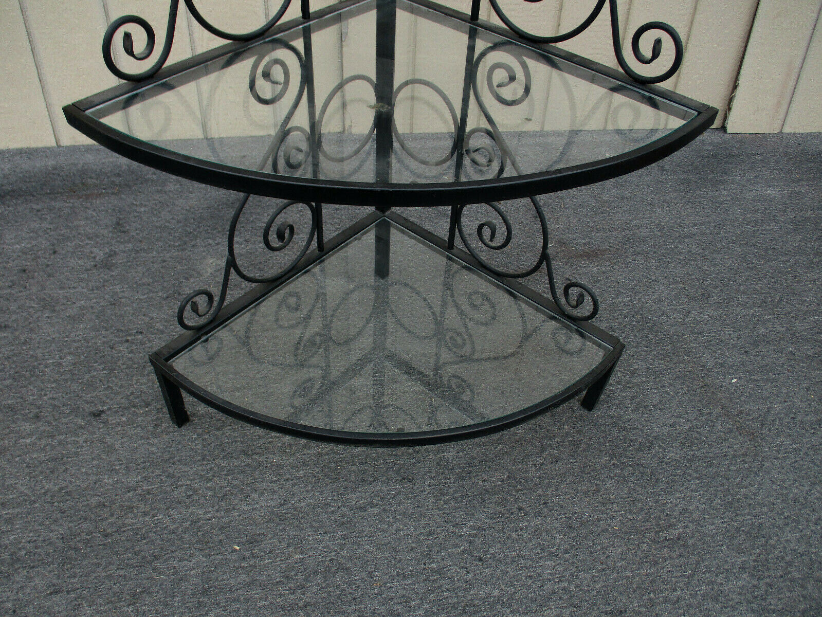 62802    QUALITY Iron Bakers Rack Corner Cabinet with Glass Shelves