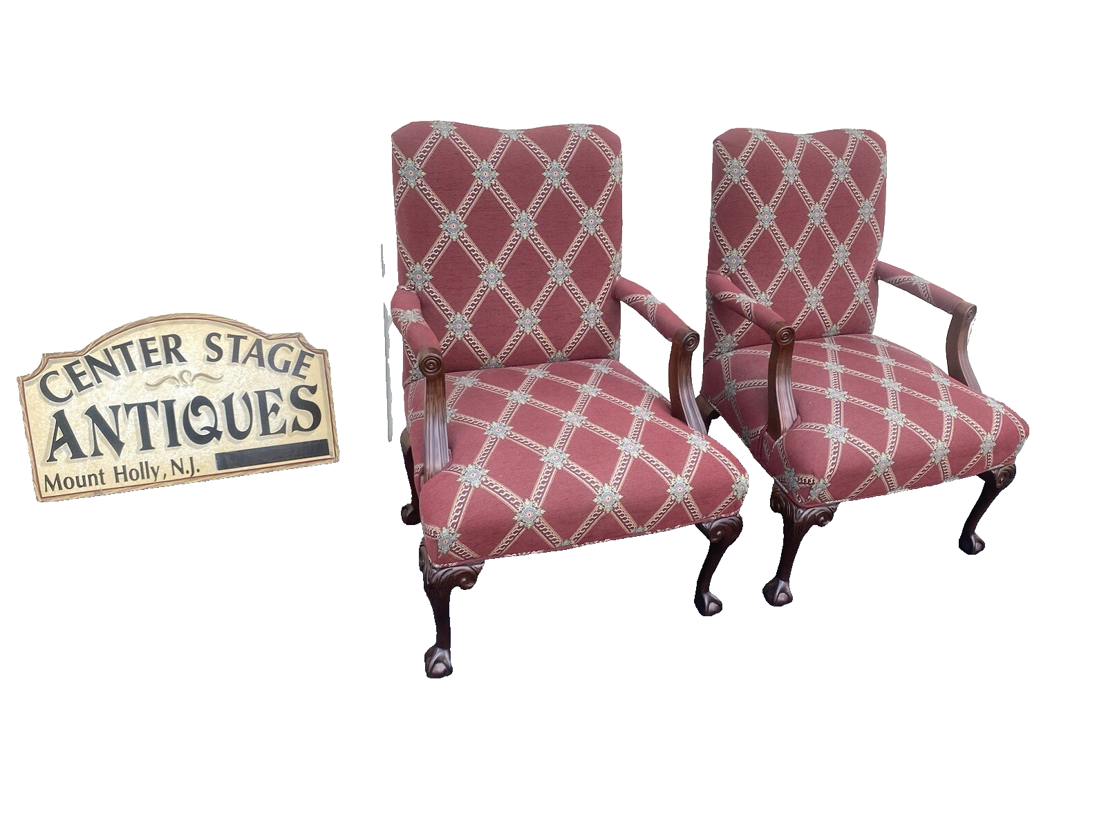 64633 Pair PARKER SOUTHERN  Ball and Claw Foot Burgundy Armchairs