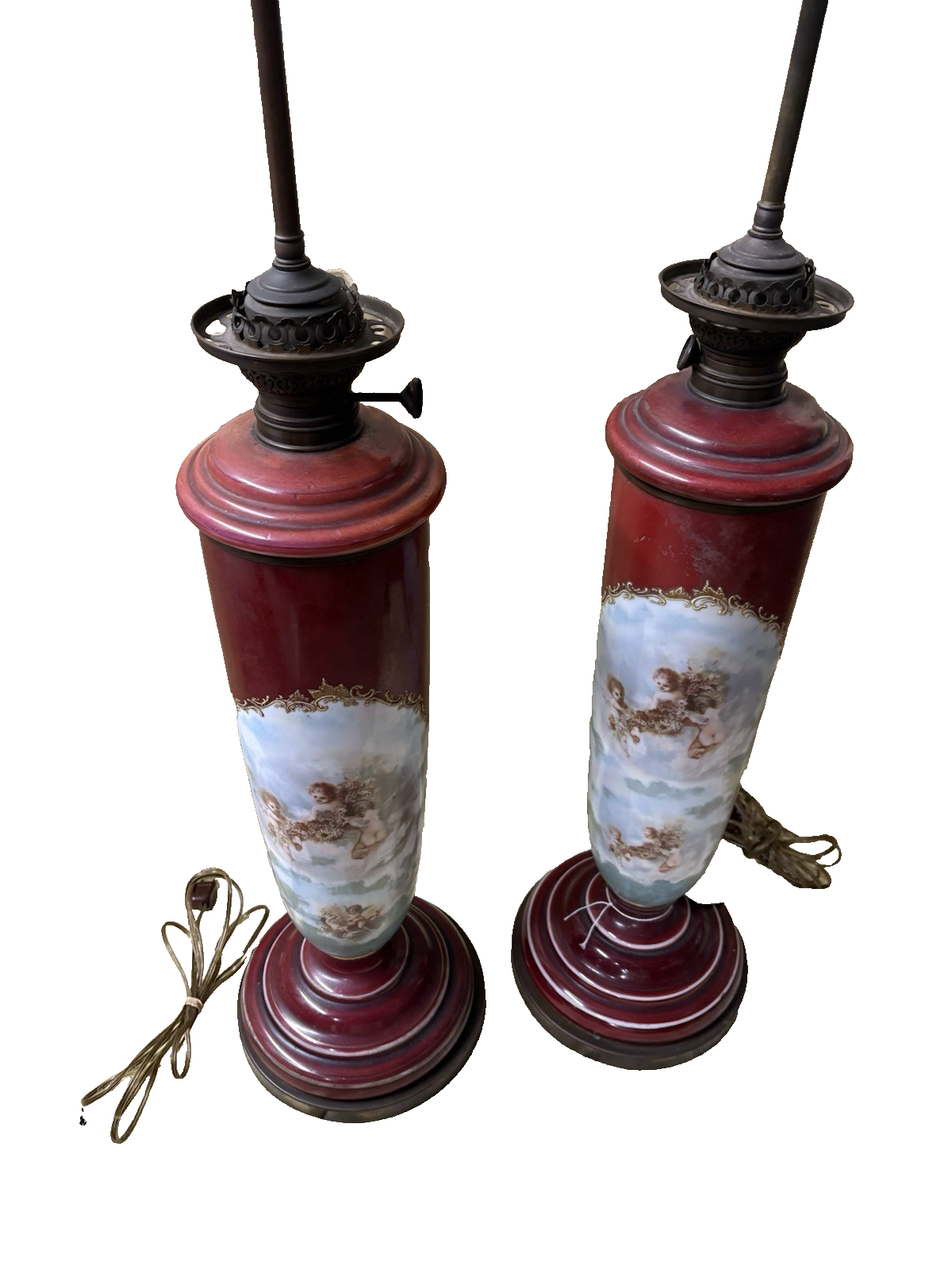 65041 Pair Antique Porcelaine Table Lamps with Cherubs