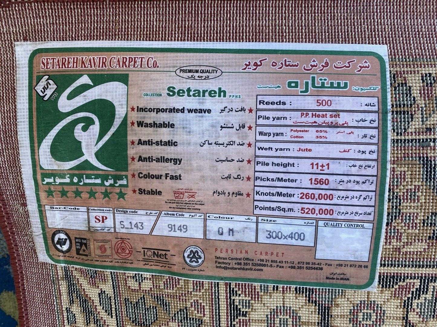 RUG 24:     Machine Made  SETAREH KAVIR Oriental Rug 10' x 13' 4"