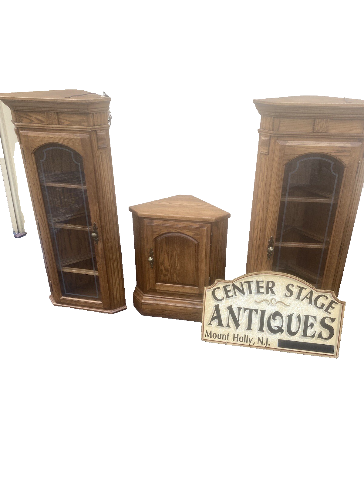 64573  PAIR Oak Corner Cabinet Curio s  With 3 wood and glass shelves each