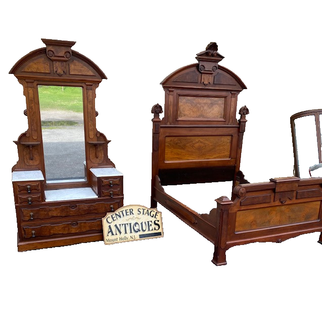 63933   Antique Victorian Walnut  2 pc Marble Top Bedroom Set Bed Dresser w/ Mir