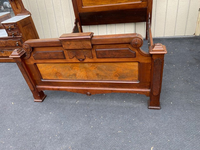 63933   Antique Victorian Walnut  2 pc Marble Top Bedroom Set Bed Dresser w/ Mir