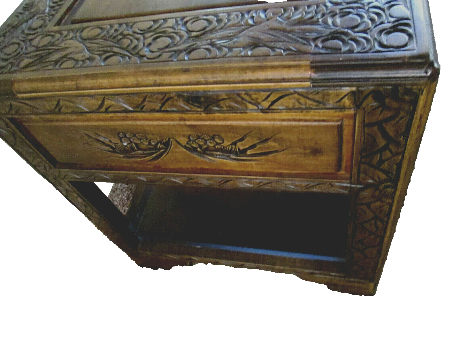 54174 CARVED ORIENTAL TABLE WITH DRAWER Bird carvings 