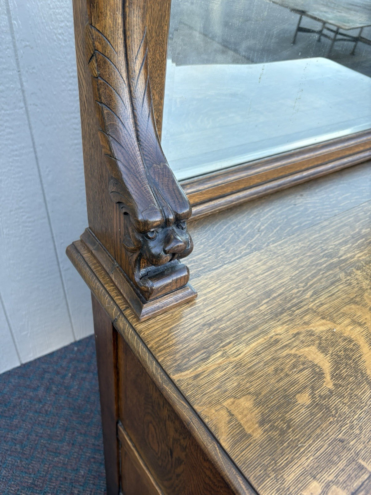 67012 Antique Victorian Oak Lion Head Buffet Sideboard Cabinet