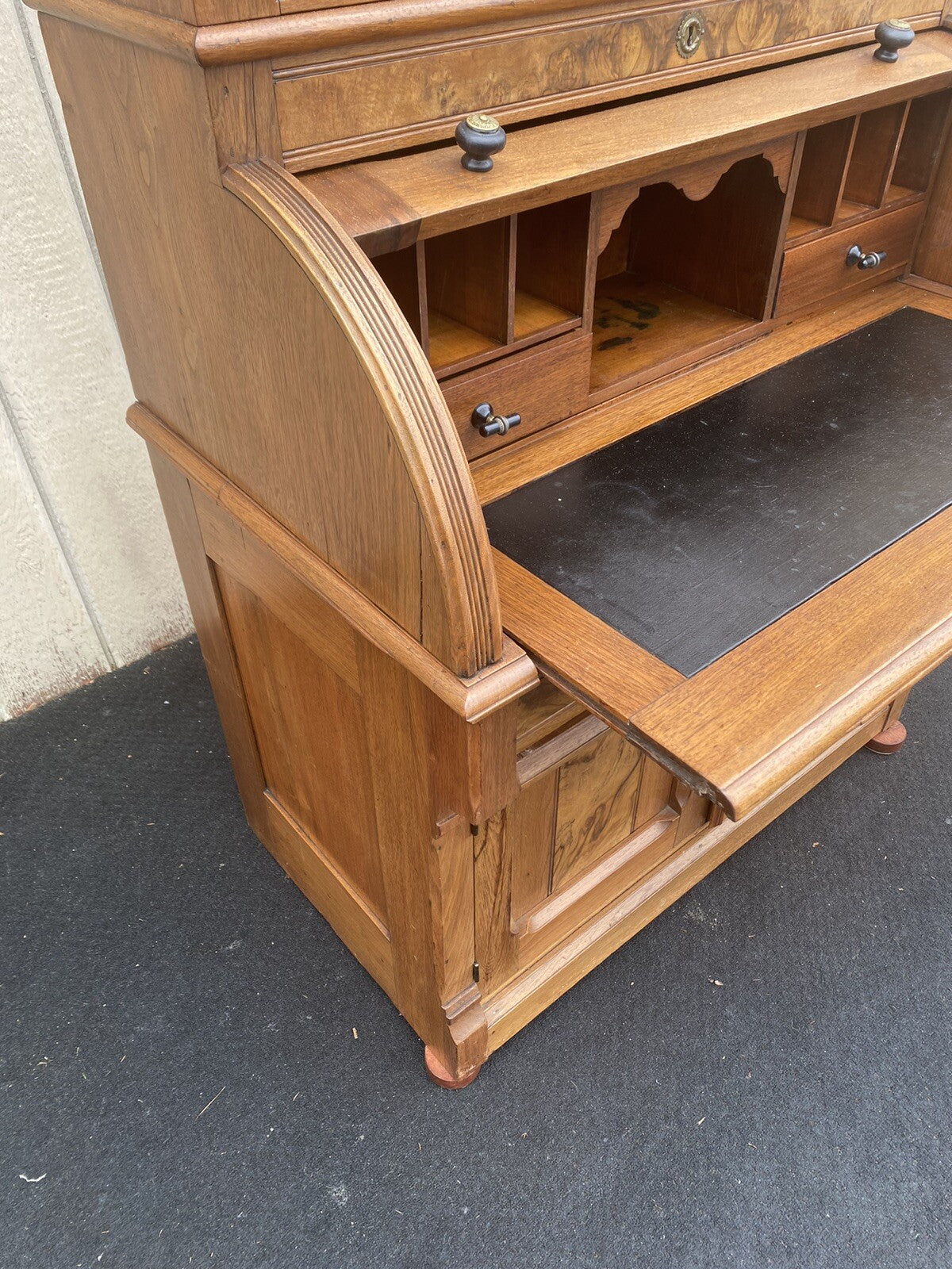 65390 Antique Victorian Burled Walnut Cylinder Desk w/ Bookcase Top and keys
