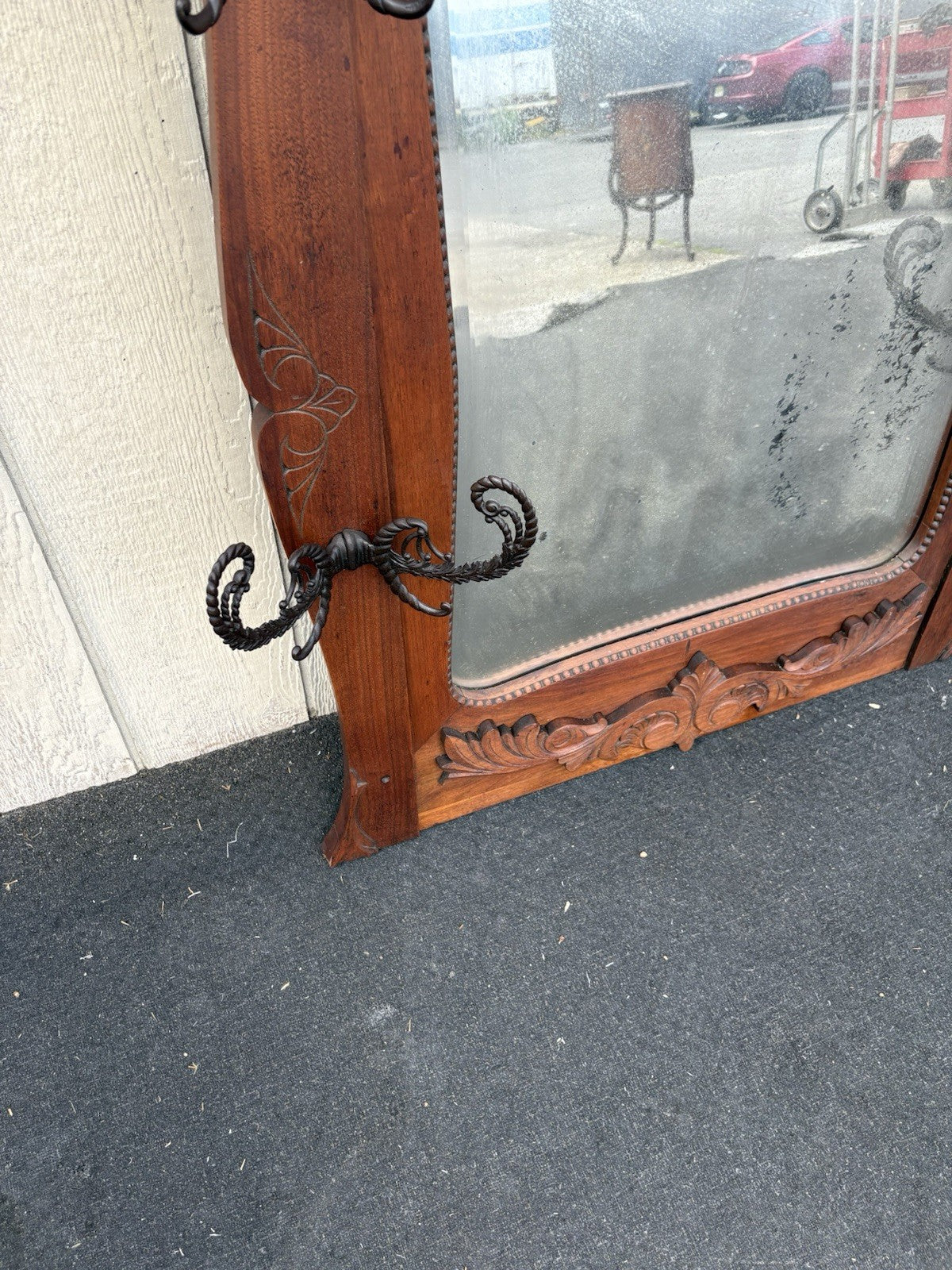 66724 Antique Victorain Mirror with 4 Hooks to hang coats hats Hatrack Coattree