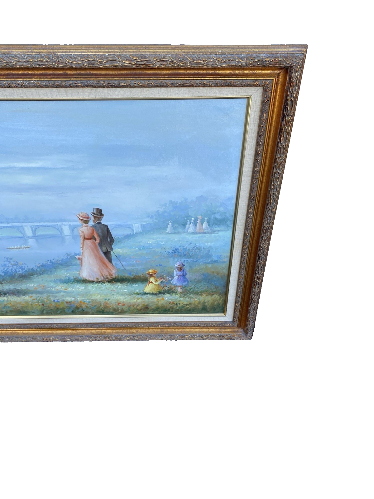 66053  Oil Painting of Lake and Bridge on Canvass  Picture Signed  S SELL DON