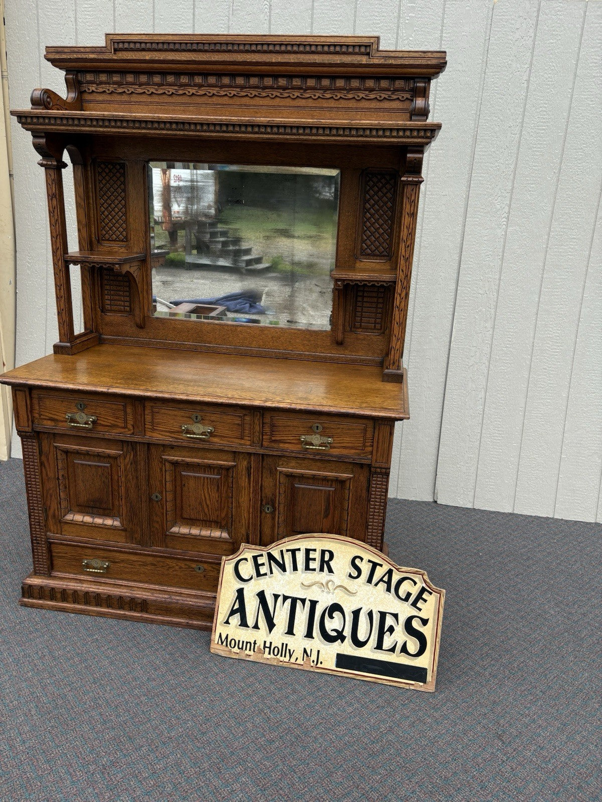 67026 Antique Victorian Oak Sideboard Buffet Cabinet