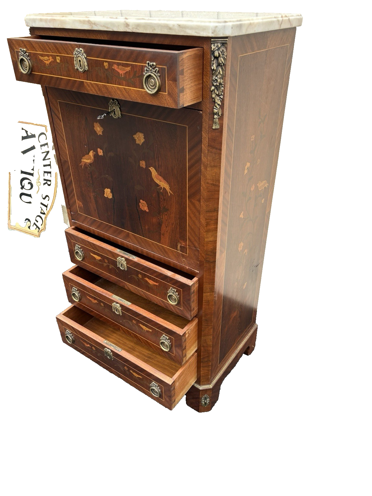 66581   Inlaid Marble Top  Louis XV Slant Front Desk Cabinet