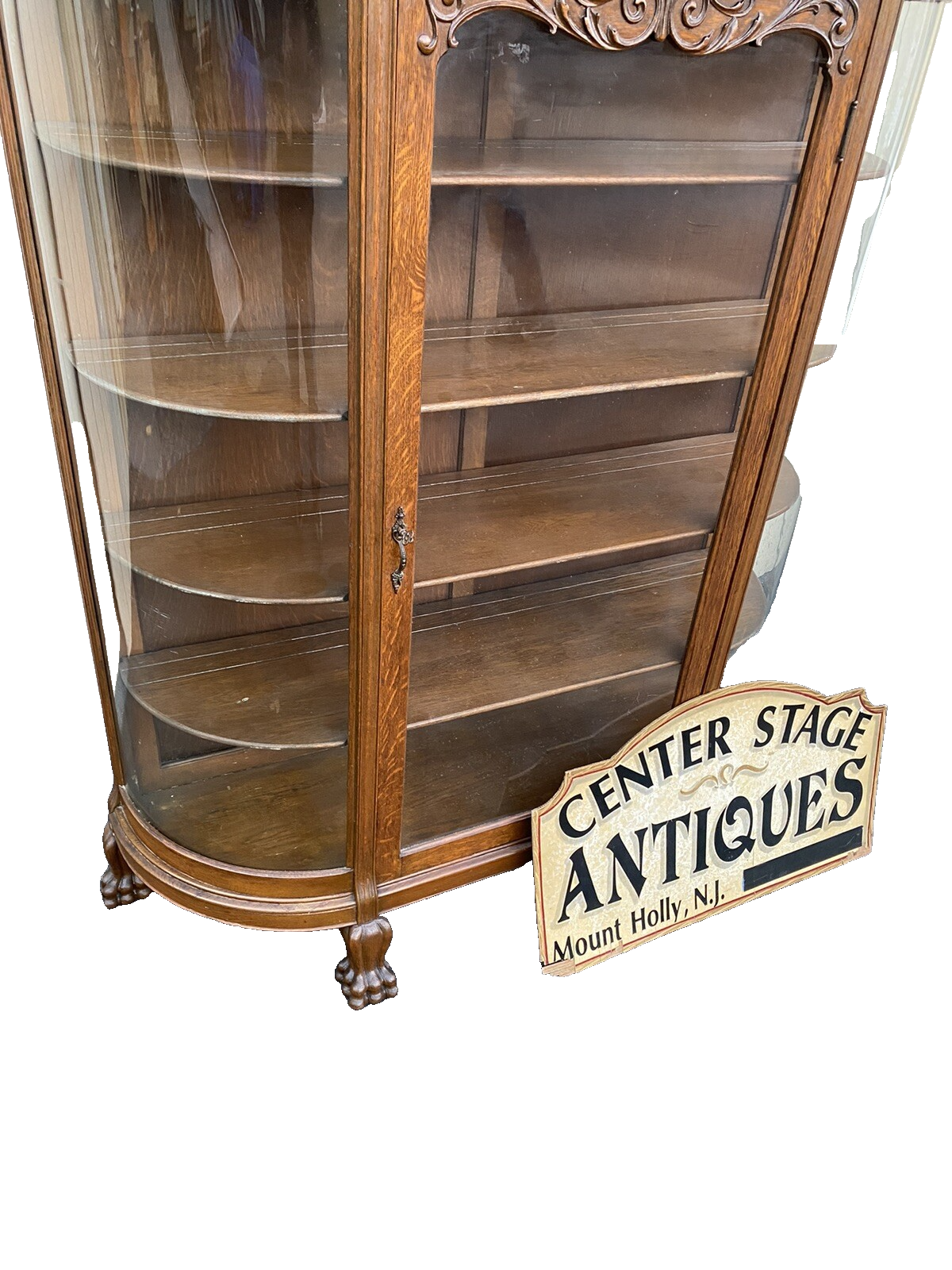 66071   Antique Victorian Hand Carved Oak Bow Glass Curio Cabinet