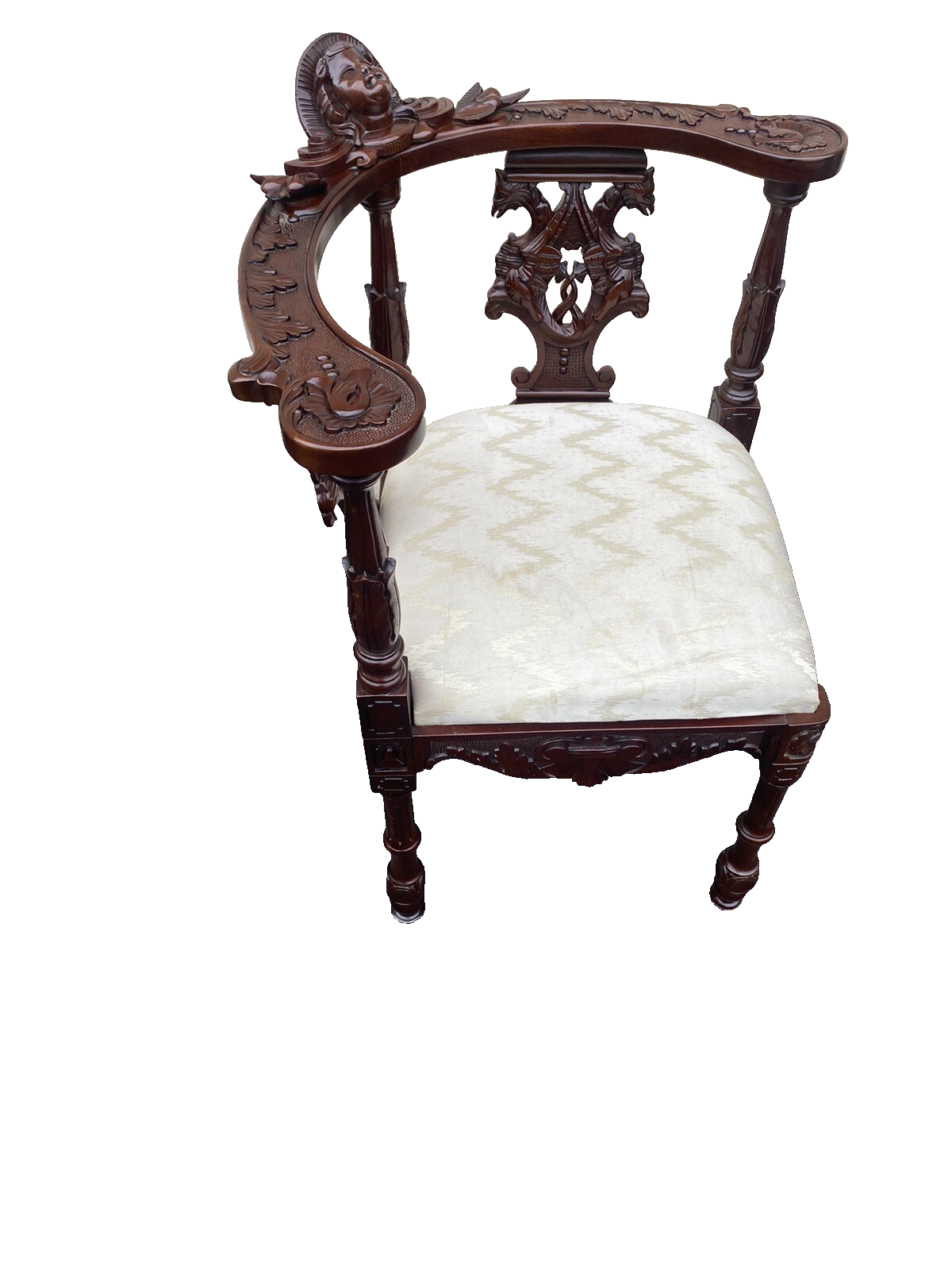 65855 Fancy Hand Carved Mahogany Figural Corner Chair