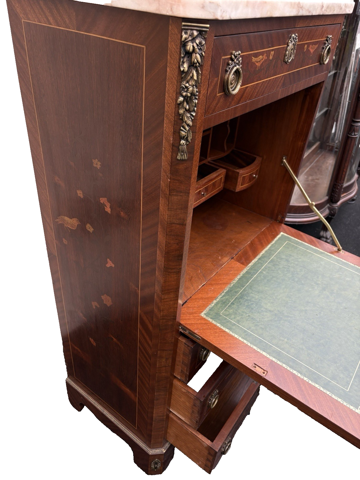 66581   Inlaid Marble Top  Louis XV Slant Front Desk Cabinet