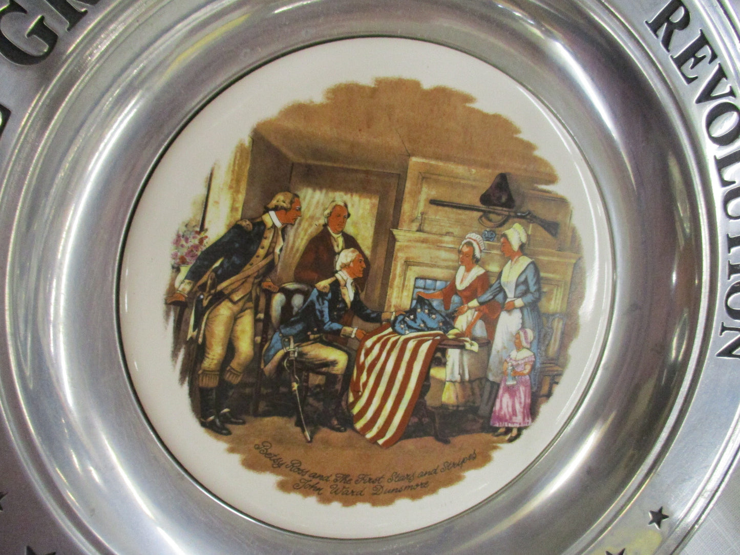 ES90 Collection of 6  Porcelain GREAT AMERICAN Revolution Plates in Pewter Frame