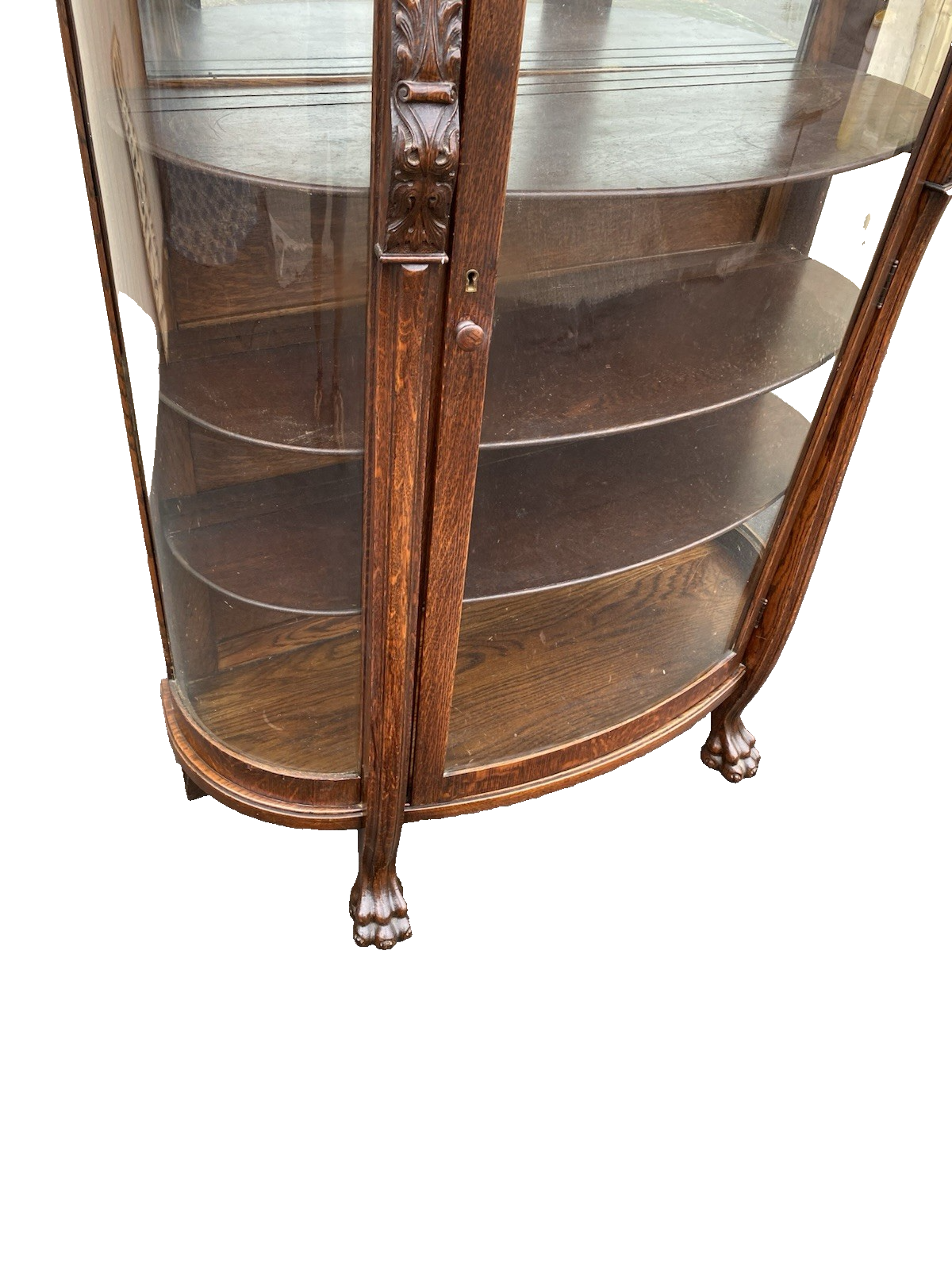 63537 Antique Victorian Oak Hand Carved Bow Glass Lion Head Curio China Cabinet