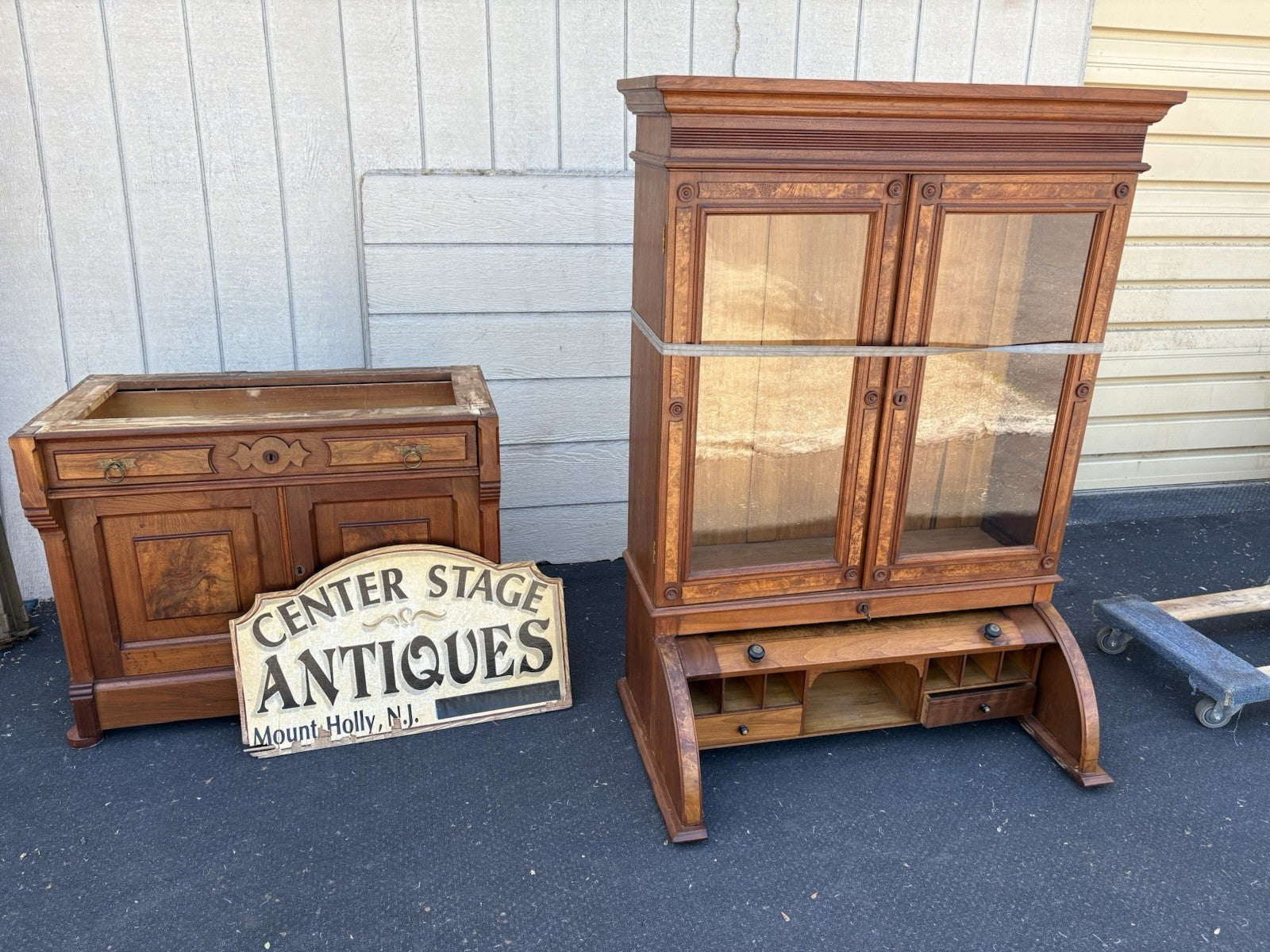 66644 Antique Victorian Walnut Cylinder Desk with Bookcase Top