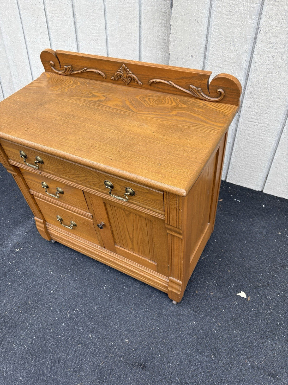 66730 Antique Victorian Oak Washstand Dresser Chest with Carved Backsplash