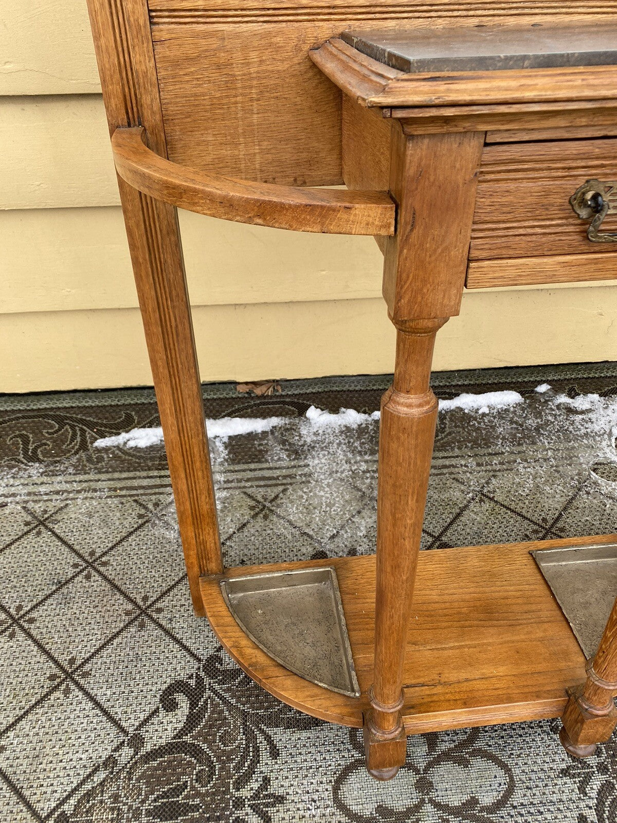 64527 Antique Victorian Oak Stick and Ball Hatrack Hall Seat with Mirror