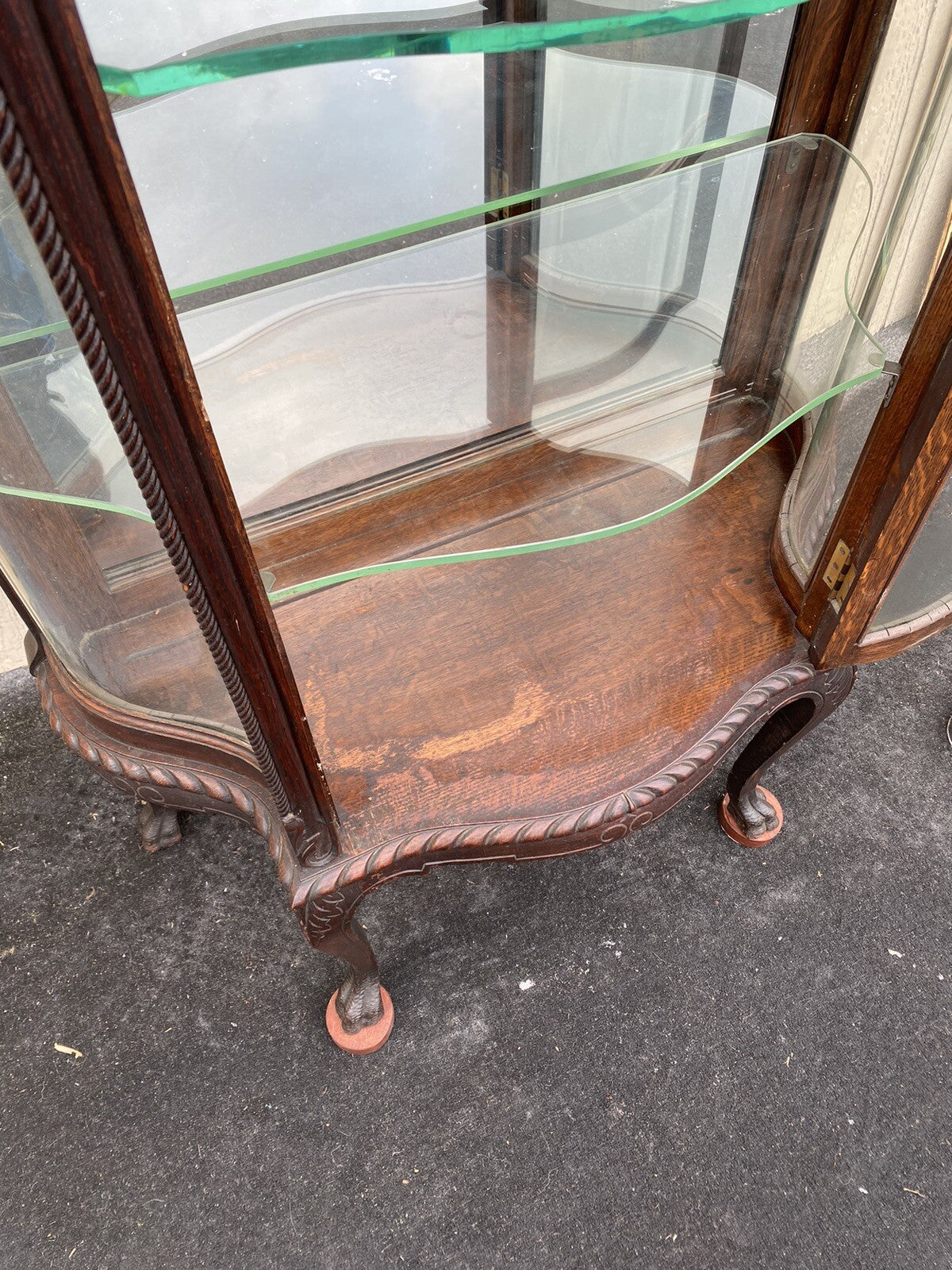 66107   Antique Victorian Oak Serpentine Curio China Cabinet