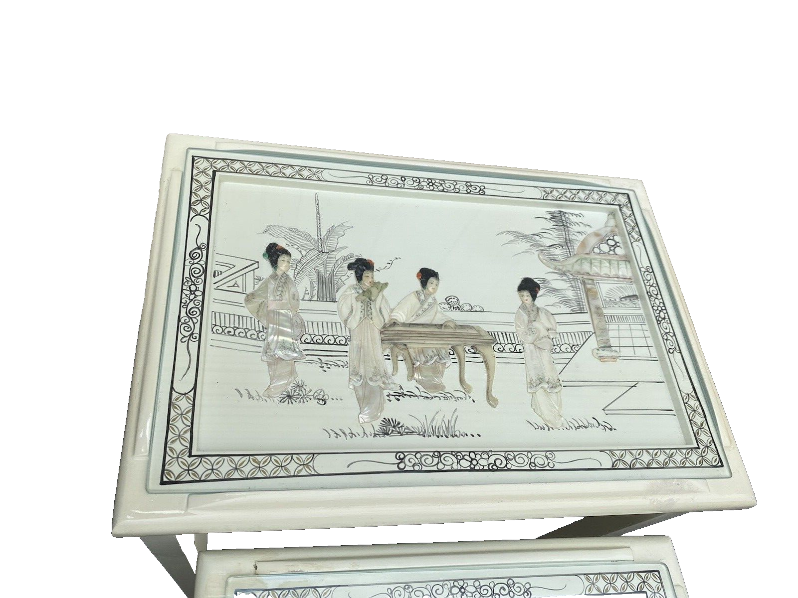 64597 Set Of 3 Oriental Decorated Nesting Stacking Tables