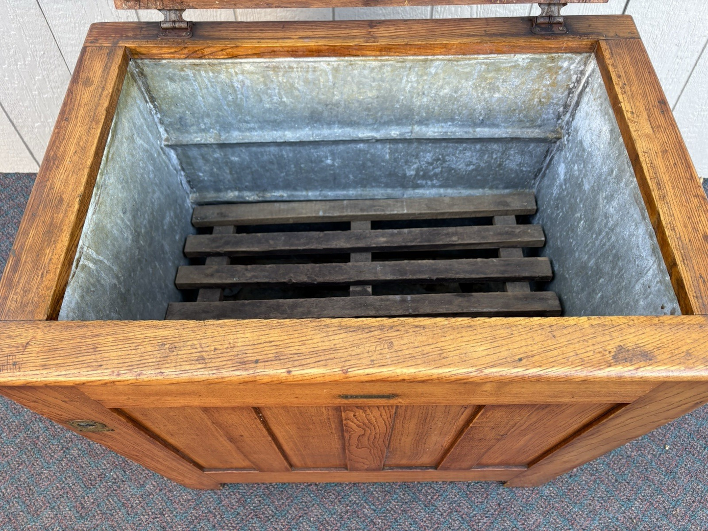 67160 Antique BAMBERGER Victorian Oak Ice Box Refrigerator with Lift Top