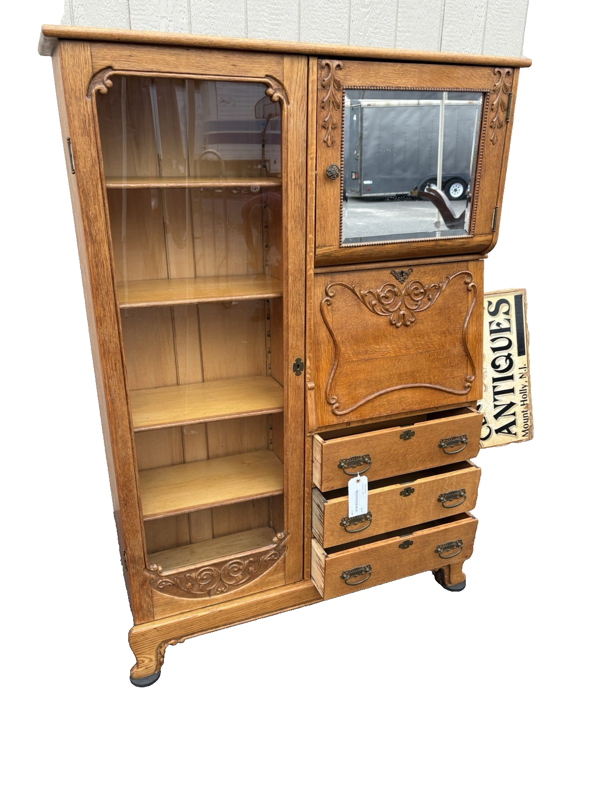 66904 Antique Victorian Oak Side By Side Bookcase Desk