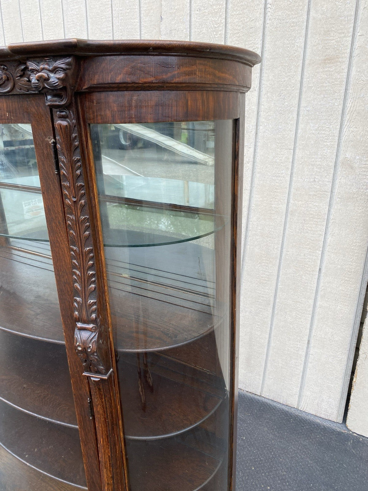 63537 Antique Victorian Oak Hand Carved Bow Glass Lion Head Curio China Cabinet