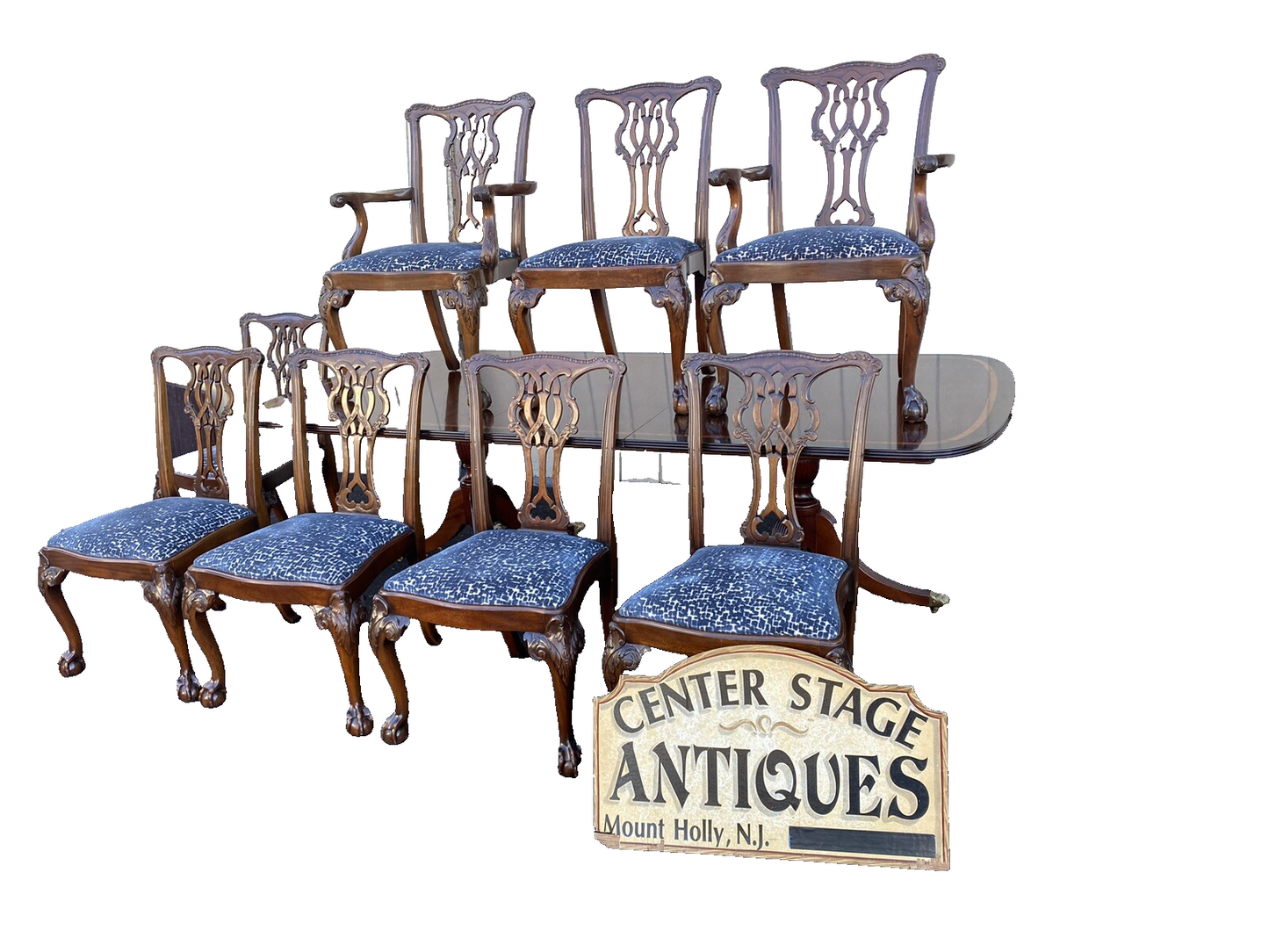 65678   GAINES McHale Banded Mahogany  Dining Table w/ leaf + 8 Chairs