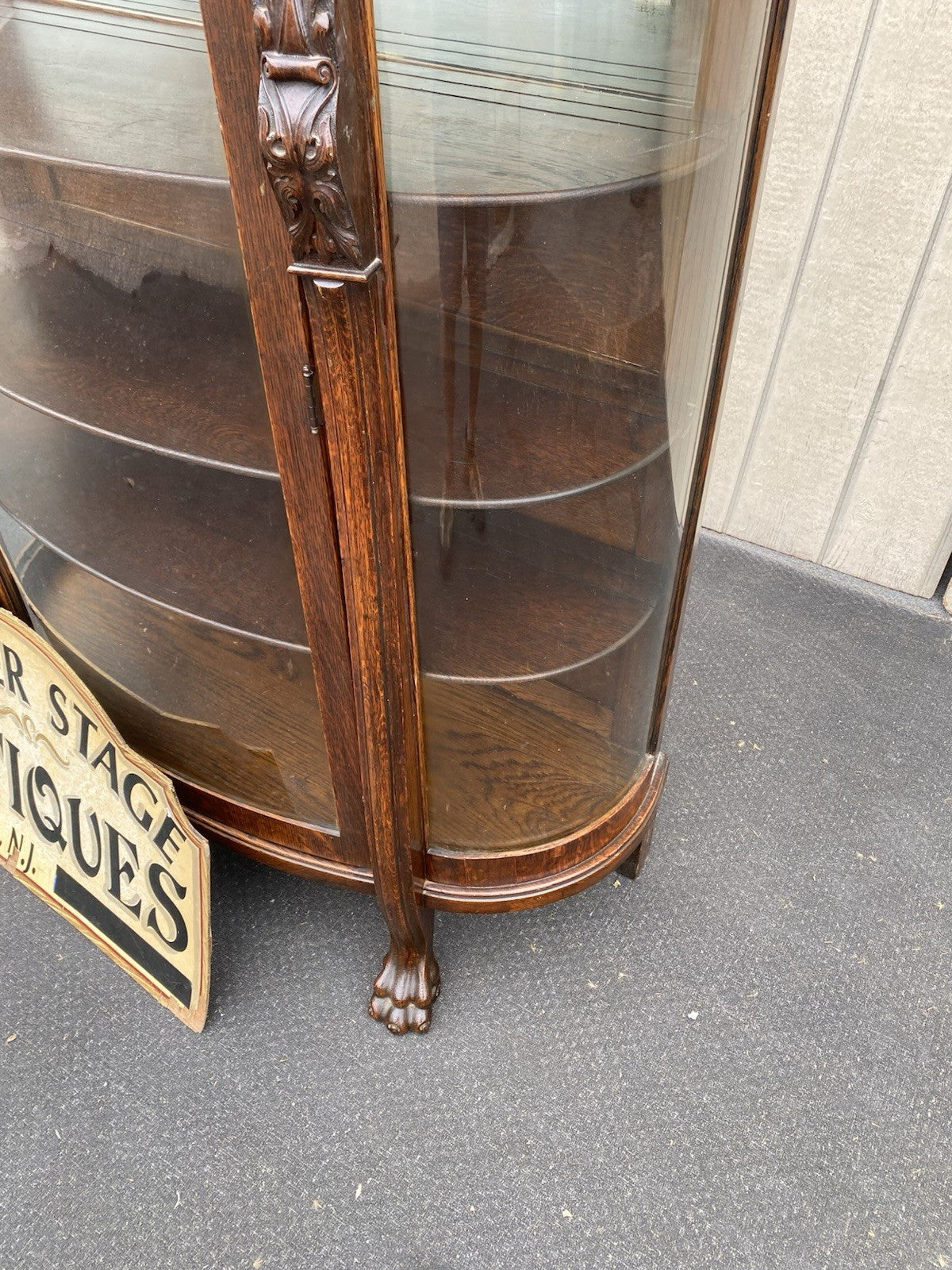 63537 Antique Victorian Oak Hand Carved Bow Glass Lion Head Curio China Cabinet